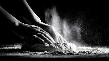Obraz premium Close-up of hands kneading dough with flour in the air on a dark background, dramatic lighting. Concept: Artisan baking, traditional craftsmanship, handmade food, culinary art, heritage skills, slow l