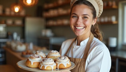 Smiling baker holds plate with fresh cinnamon rolls covered in sweet icing. Woman in chef hat and apron presents her homemade pastry dessert from cozy bakery kitchen.