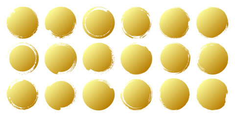 Golden grunge circles, brush strokes, lines, ink smudges, hand-drawn scribble shapes. Handmade sketchy marks, acrylic stains, charcoal streaks. Paint textures, dry brush effect. Vector illustration