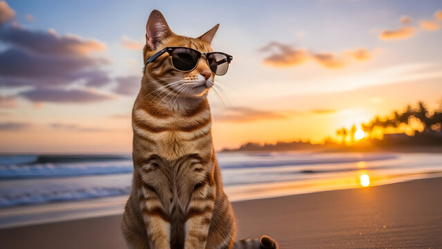 Cool Orange Tabby Cat Wearing Sunglasses Relaxing on a Sandy Beach at Sunset with Ocean and Palm Trees - Powered by Adobe