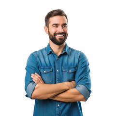 Smiling man with crossed arms in denim shirt isolated on transparent background
