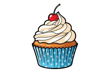 A cartoon cupcake with cream frosting, cherry and a dotted blue wrapper