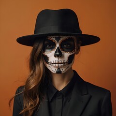 Young woman in black suit, hat and with painted skull on his face isolated on plain dark orange background studio portrait 
