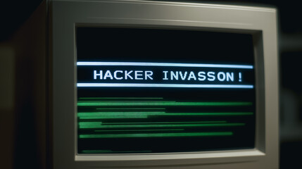 A vintage monitor displays the ominous message Hacker Invasion!, evoking a sense of digital vulnerability and cyber threat.