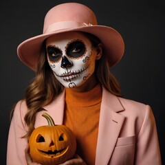Young woman in pink suit, hat and with painted skull on face isolated on plain dark orange background studio portrait hold Jack-o'-lantern pumpkin
