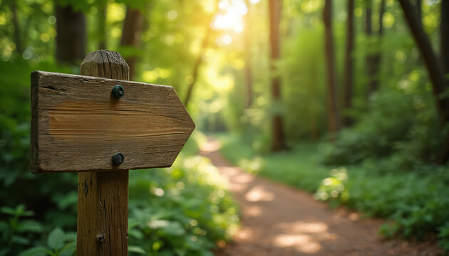 Wooden signpost points down forest path. Sunlight filters through green trees on a dirt trail. Nature beckons for adventure and exploration.
