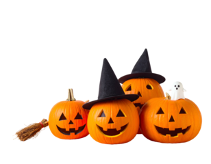 Illuminated jack-o'-lanterns wear witch hats, a broom rests nearby