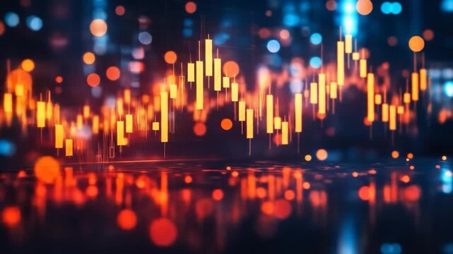 Abstract glowing stock market graph with red and blue bokeh lights