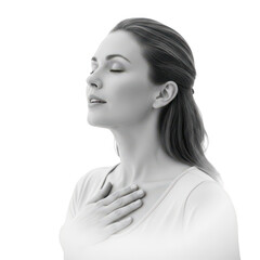 Woman with eyes closed touching her chest isolated on transparent background