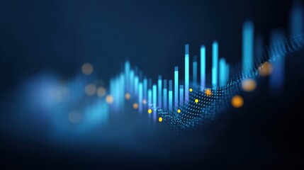 Abstract digital visualization of data analytics, showcasing glowing blue bars and dots against a dark background for technology and finance concepts