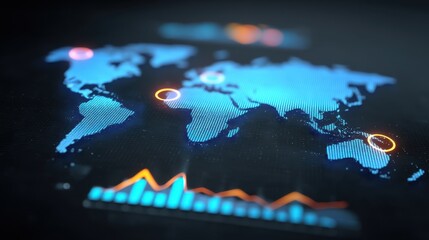 Modern global map graphic with data visualization elements showcasing digital connections, statistics, and geographical highlights for various applications