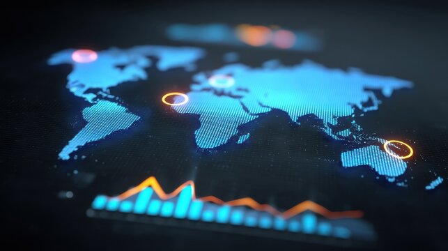 Modern global map graphic with data visualization elements showcasing digital connections, statistics, and geographical highlights for various applications - Powered by Adobe
