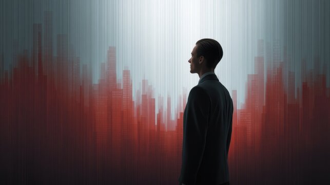 Business professional analyzing financial data trends with a futuristic cityscape background in red and white tones showcasing opportunities and insights. - Powered by Adobe