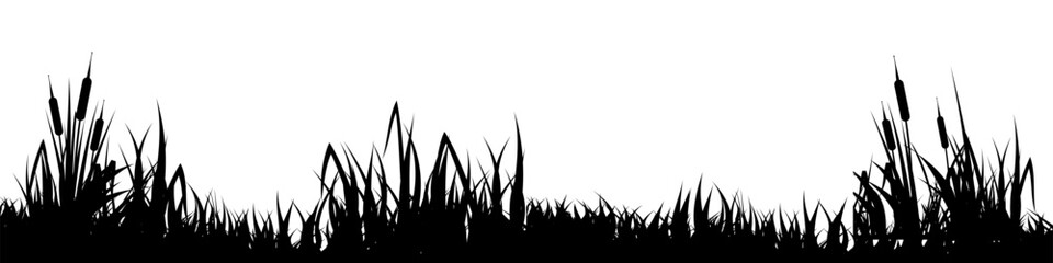 Obraz premium Meadow silhouette with grass, plants on plain. Panoramic summer lawn landscape with herbs, various weeds. Herbal border, frame element. Black horizontal banners. Vector illustration