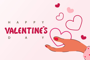 Valentine's Day background. Hand holding hearts. Happy Valentine's Day! Vector illustration.