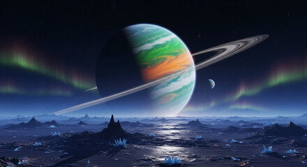 Colorful exoplanet rising over a barren alien landscape