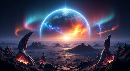 Colorful exoplanet rising over a barren alien landscape