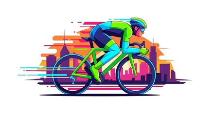 Fototapeta premium Professional cyclist riding through vibrant cityscape at sunset with motion blur