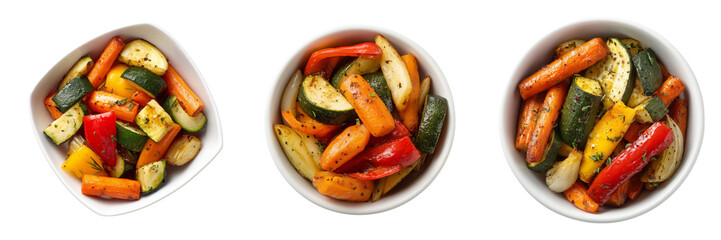 Three bowls of roasted mixed vegetables including carrots zucchini bell peppers and onions isolated on a transparent background