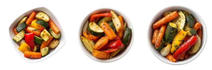 Three bowls of roasted mixed vegetables including carrots zucchini bell peppers and onions isolated on a transparent background