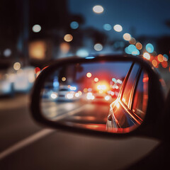 A vibrant night scene captured in a car's side mirror, featuring illuminated city lights and a sense of motion.