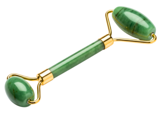 Green jade facial roller massager tool with gold metal handle on a transparent background