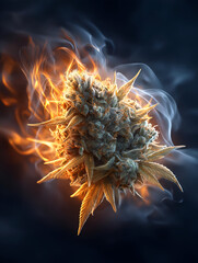A visually striking image of a cannabis bud engulfed in flames, showcasing vibrant colors and a dynamic composition.