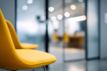 A vibrant yellow chair in a modern office setting, symbolizing creativity and innovation in a collaborative workspace.