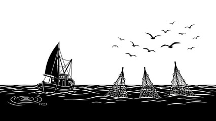 Fishing boat with nets and seagulls flying overhead at sea © Chathuranga