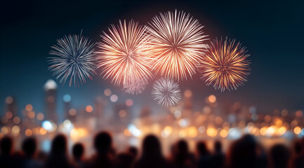 A vibrant nighttime scene showcasing colorful fireworks above a city skyline, celebrating an event with joy and excitement.