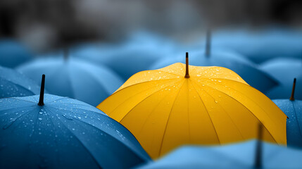 A vibrant yellow umbrella stands out among a sea of blue umbrellas in the rain, showcasing individuality amidst a gloomy atmosphere.