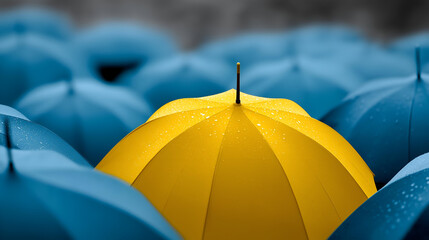 A vibrant yellow umbrella stands out among blue umbrellas, symbolizing individuality in a rainy atmosphere.