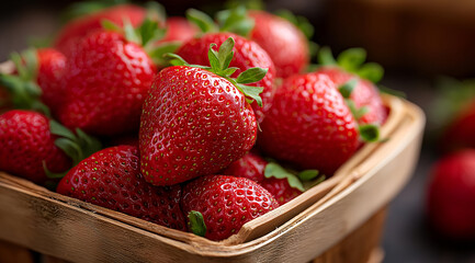 A vibrant display of fresh, ripe strawberries in a wooden basket, showcasing their natural sweetness and inviting color.