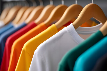 A vibrant display of colorful T-shirts hung on wooden hangers, showcasing a variety of styles suitable for casual wear.