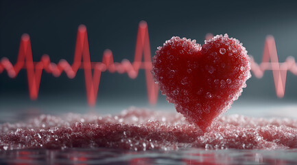 A vibrant heart symbolizing love, surrounded by sparkling elements and a heartbeat line, representing emotion and vitality.