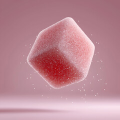 A vibrant, floating sugar cube with a pink background, showcasing modern food design and creativity, perfect for culinary visuals.