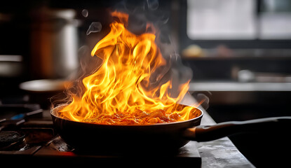 A vibrant culinary scene showcasing a pan with flames, highlighting the art of cooking and the excitement of gourmet dishes.