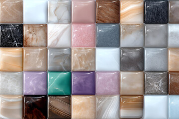 A vibrant collection of mosaic tiles featuring various colors and textures, perfect for interior design inspiration.