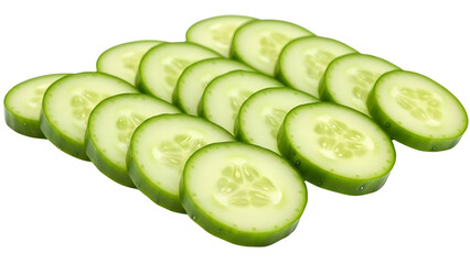 Fresh green cucumber slices arranged in rows, isolated on white background