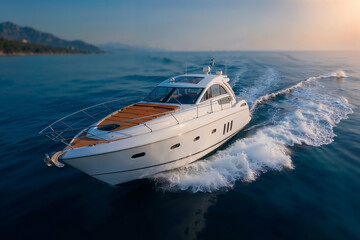 Luxury motor yacht cruising on calm sea during golden hour showcasing premium maritime travel leisure and modern transportation