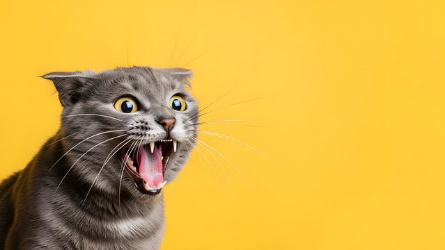 Expressive Grey British Shorthair Cat Hissing or Yelling with Wide Eyes Against a Bright Yellow Background