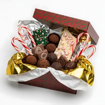 Festive christmas chocolates and candy canes arranged in red and green holiday box with gold foil liner and festive lid