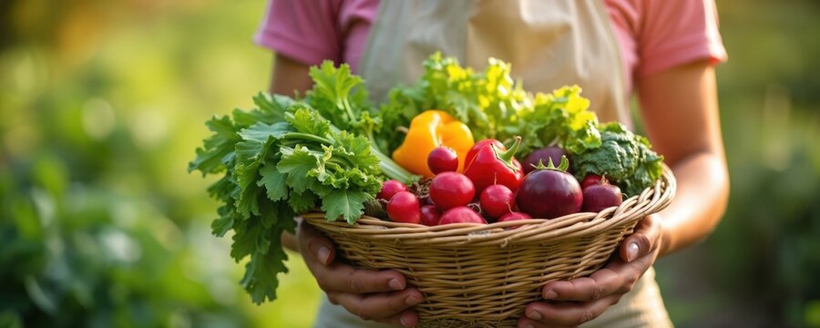 Hands hold basket full of fresh garden vegetables. Red radishes, bell peppers, tomatoes, and green lettuce. Healthy eating and organic produce theme. Grown on farm. - Powered by Adobe