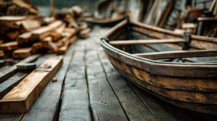 Fototapeta premium Weathered Wooden Rowboat Resting on Dock