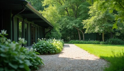 Fototapeta premium Modern house with large windows borders lush green garden and gravel path. Tall trees surround the property offering natural shade and serene outdoor setting during sunny summer day.