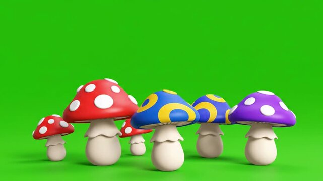 Whimsical Cartoon Mushrooms in Vibrant Colors on Green Background.