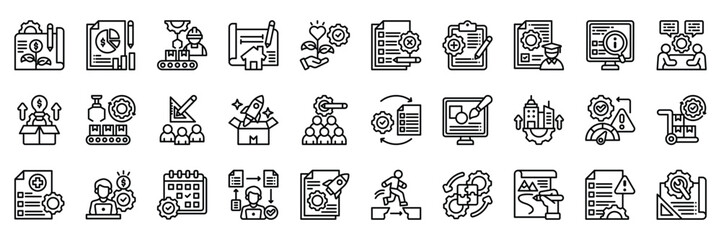 Project icon collection line style. containing Investment Project, Business Report, Manufacturing Project, House Plan, Charity Project, business, Project, New Project, management