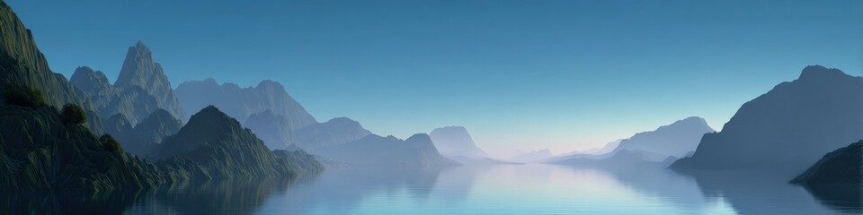 Obraz premium Serene mountain lake at dawn with misty horizons and reflections