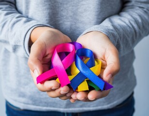 Colorful ribbons cancer awareness world cancer day background many ribbons on hands