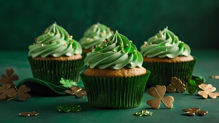 Decorated cupcakes on green background - St. Patrick's Day 